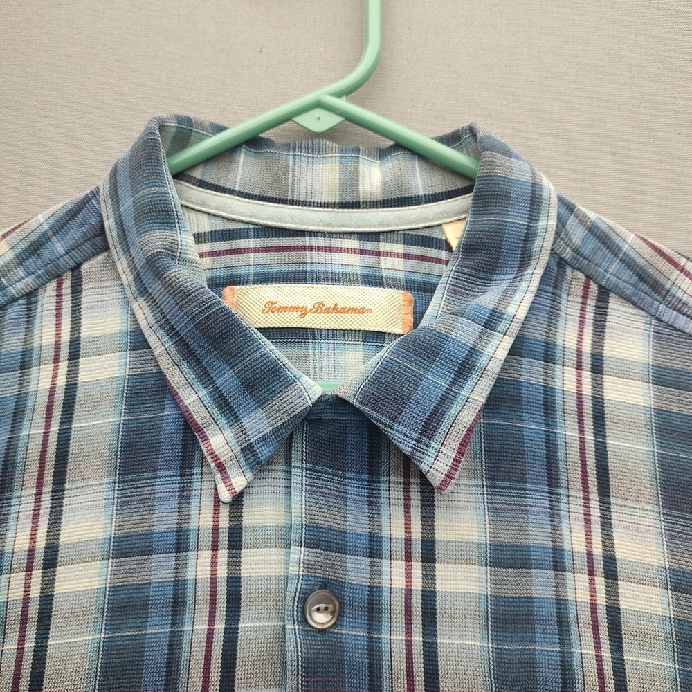 Tommy Bahama Shirt Mens 2XL Blue Plaid 100% Silk Short Sleeve Classic Button-Up